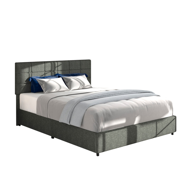 Vera Full Size Gray Linen Upholstered Platform Bed with Patented 4 Drawers Storage, Square Stitched Button Tufted Headboard, Wooden Slat Mattress Support No Box Spring Required