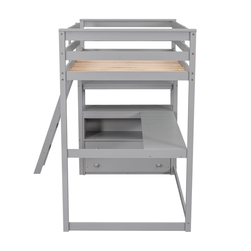 Twin Size Loft Bed with Desk and Shelves, Two Built-in Drawers, Gray(old SKU:GX000803AAE-1)