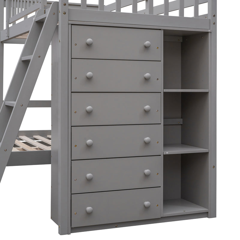 Wooden Twin Over Full Bunk Bed With Six Drawers And Flexible Shelves,Bottom Bed With Wheels,Gray(OLD SKU:LP000531AAE)