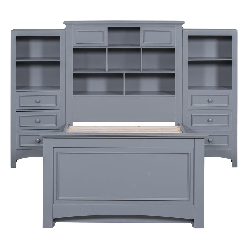 Twin Size Wood Platformbed with Vertical All-in-One Cabinet and 4 Drawers on each side, Gray