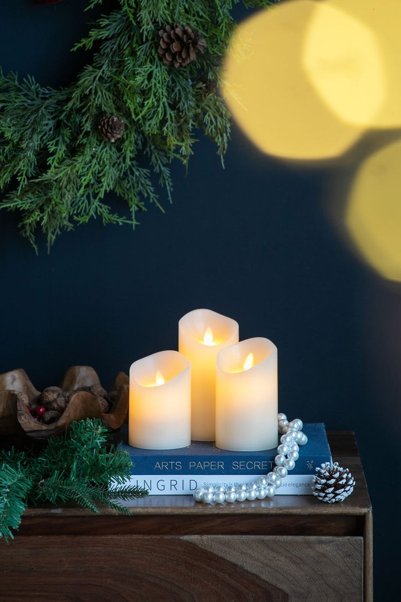 Flickering Led Candles With Remote Timer (Set of 3) - Ivory