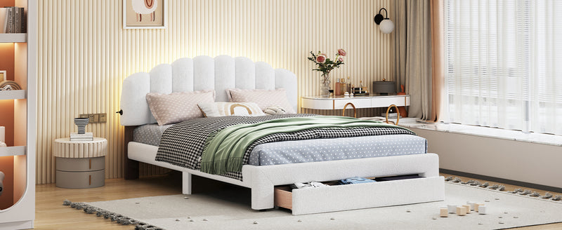 Teddy Fleece Queen Size Upholstered Platform Bed with Drawer, White