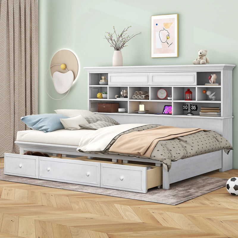 Twin Size Wood Daybed with Multi-Storage Shelves, Charging Station and 3 Drawers, Antique White