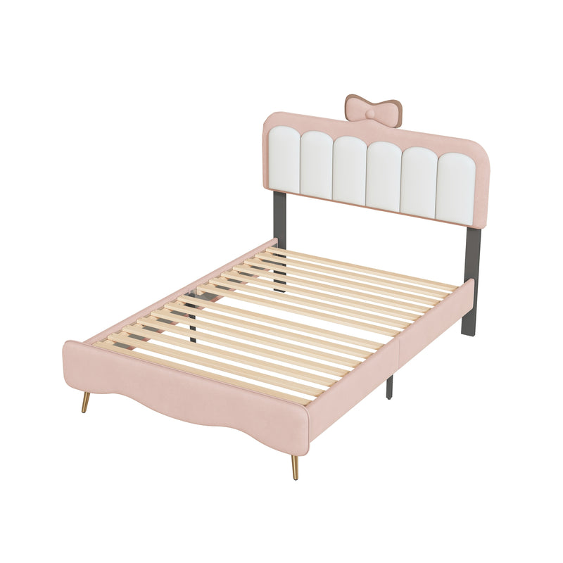 Twin size Velvet Princess Bed With Bow-Knot Headboard,Twin Size Platform Bed with Headboard and Footboard,White+Pink