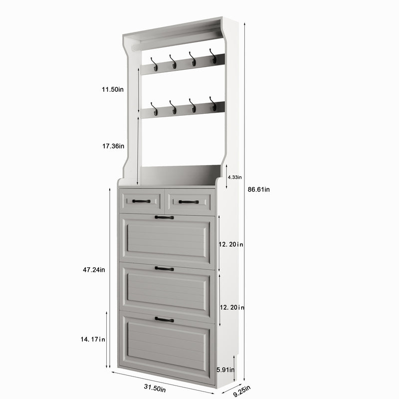 Shoe Cabinet With 3 Doors 2 Drawers With Hanger, PVC Door With Shape, Large Space For Storage - White