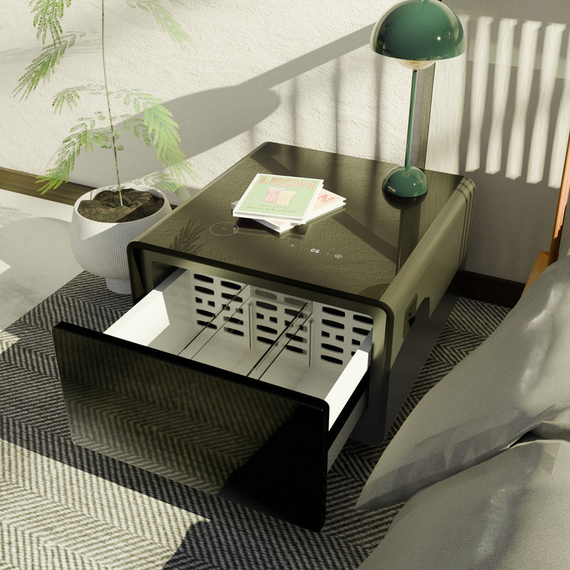 Modern Smart Side Table With Built-In Fridge, Wireless Charging, Temperature Control, Power Socket, USB Ports, Outlet Protection, Induction Light