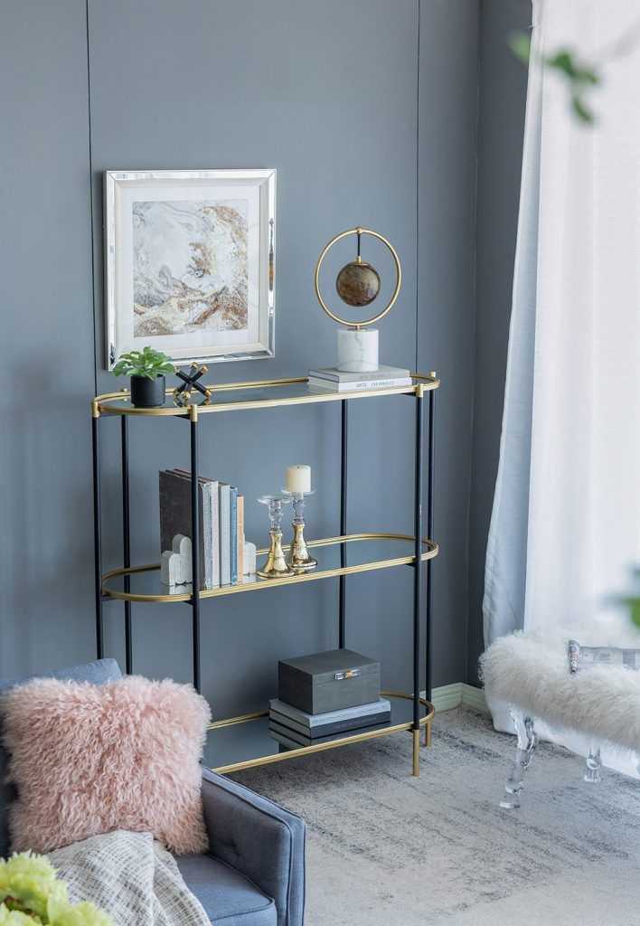 3 Tier Metal Console Table Mirrored Shelf - Black / Gold