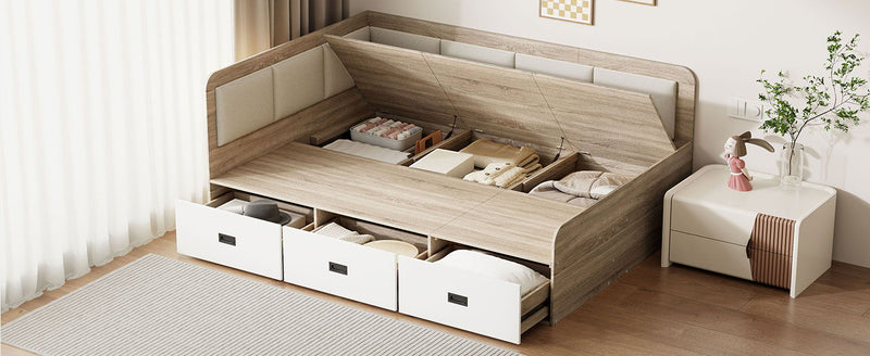 Full Size Daybed With Three Drawers And Three Storage Compartments - Nature / Beige