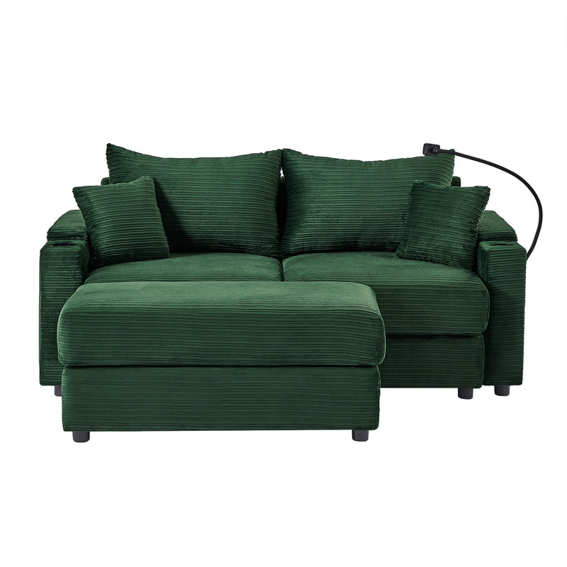 Modern Style Loveseat Sofa Sectional Sofa Couch With Storage Space, A Movable Ottoman, Two USB Ports, Two Cup Holders, A Phone Holder For Living Room