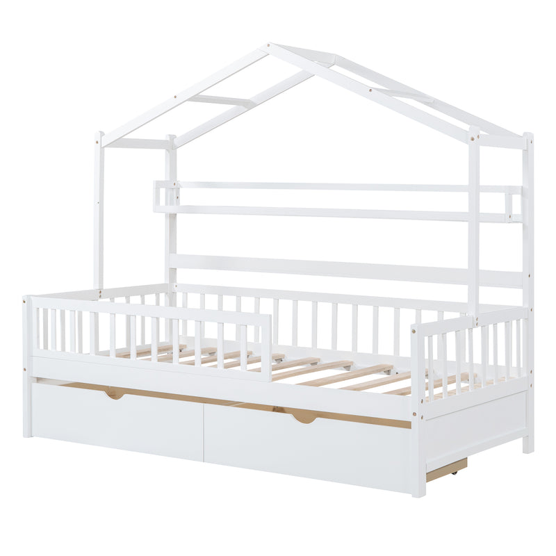 Wooden Twin Size House Bed with 2 Drawers,Kids Bed with Storage Shelf, White