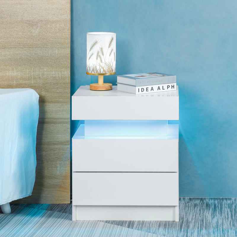 Nightstand With LED Lights Wood LED Bedside Table Nightstand With 2 High Gloss Drawers For Bedroom