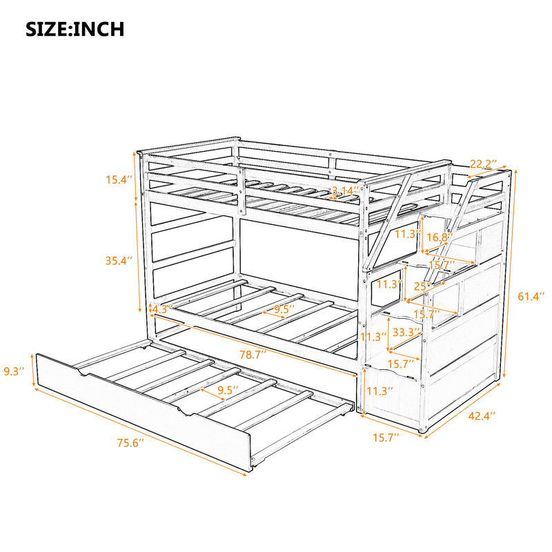 Twin-Over-Twin Bunk Bed with Twin Size Trundle and 3 Storage Stairs,Gray (OLD SKU :LP000064AAE)