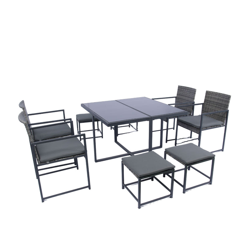 9 Pieces Patio Dining Sets Outdoor Space Saving Rattan Chairs With Glass Table Top Wicker And Cushion - Dark Gray