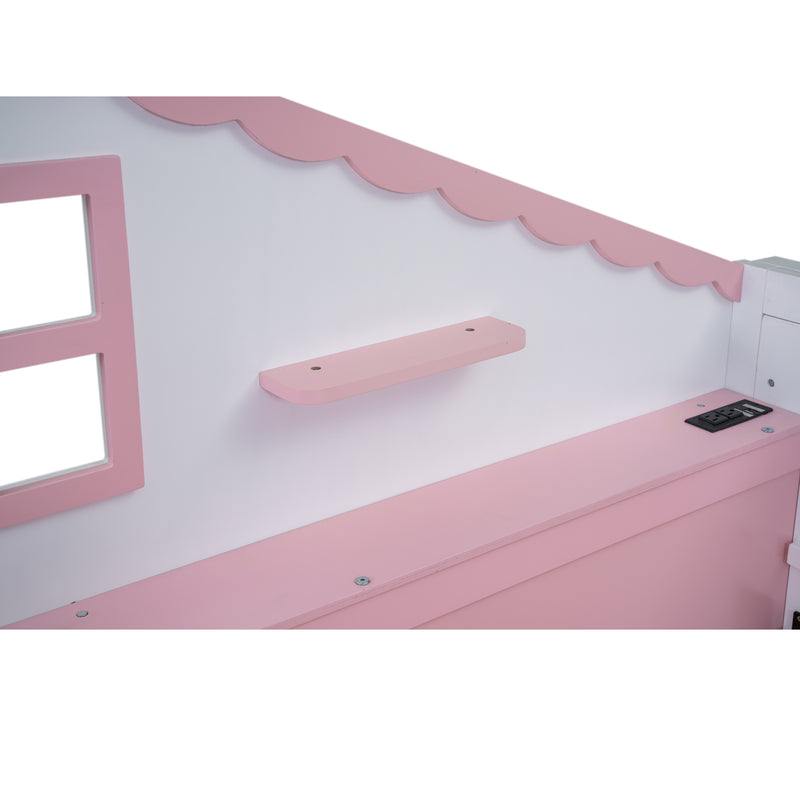 Wood Twin Size House Murphy Bed with USB, Storage Shelves and Blackboard, Pink+White