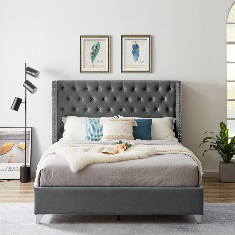 B100S Queen bed,  Button designed Headboard, strong wooden slats + metal support feet, Gray Flannelette