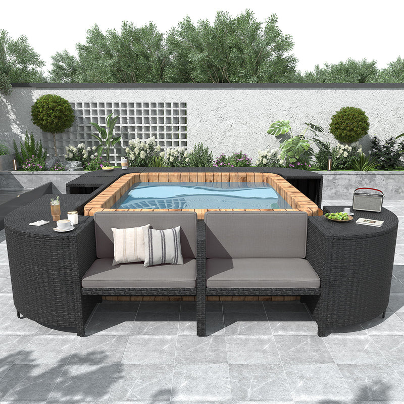 Spa Surround Spa Frame Quadrilateral Outdoor Rattan Sectional Sofa Set With Mini Sofa, Wooden Seats And Storage Spaces