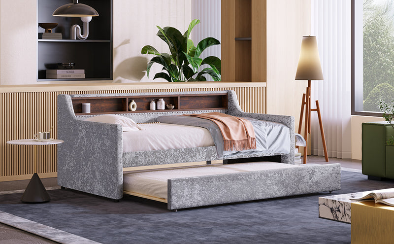 Twin Size Snowflake Velvet Daybed with Trundle and Built-in Storage Shelves,Gray