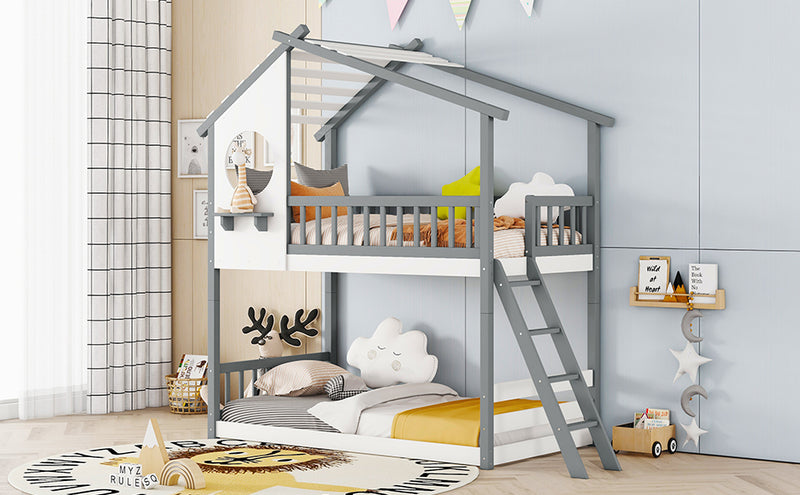 Twin Over Twin Bunk Bed Wood Bed with Roof, Window, Ladder,Gray(OLD SKU :LT100008AAE)