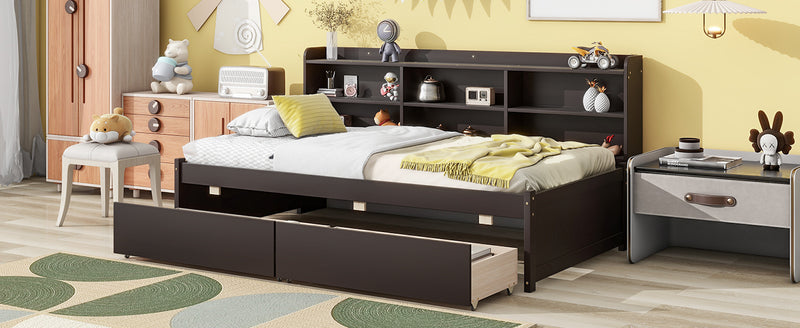 Twin Bed with Side Bookcase, Drawers ,Espresso