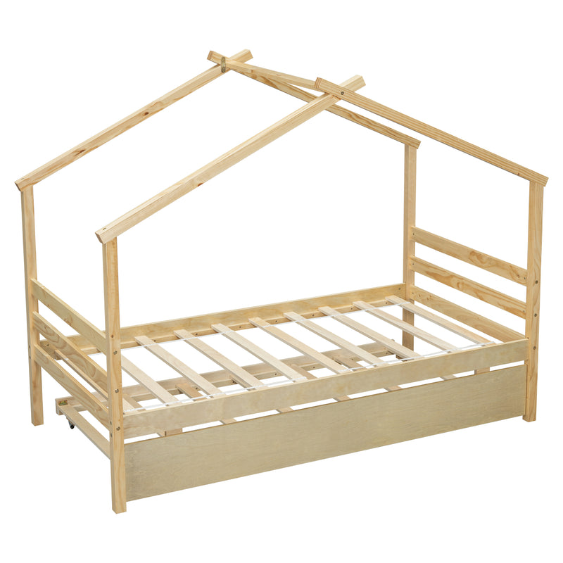 Twin Size  House-shaped Bed with Trundle,Natural