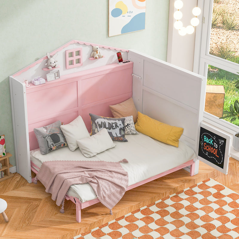 Wood Full Size House Murphy Bed with USB, Storage Shelves and Blackboard, Pink+White