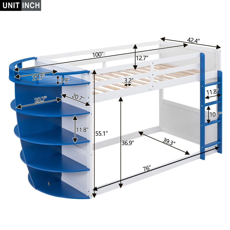 Twin over Twin Boat-Like Shape Bunk Bed with Storage Shelves, White+Blue