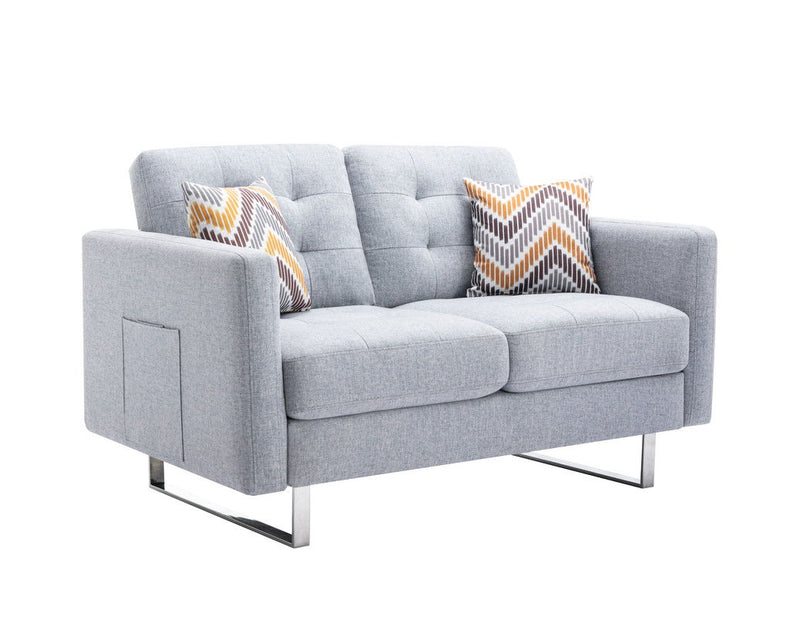 Victoria - Linen Fabric Loveseat With Metal Legs, Side Pockets, And Pillows