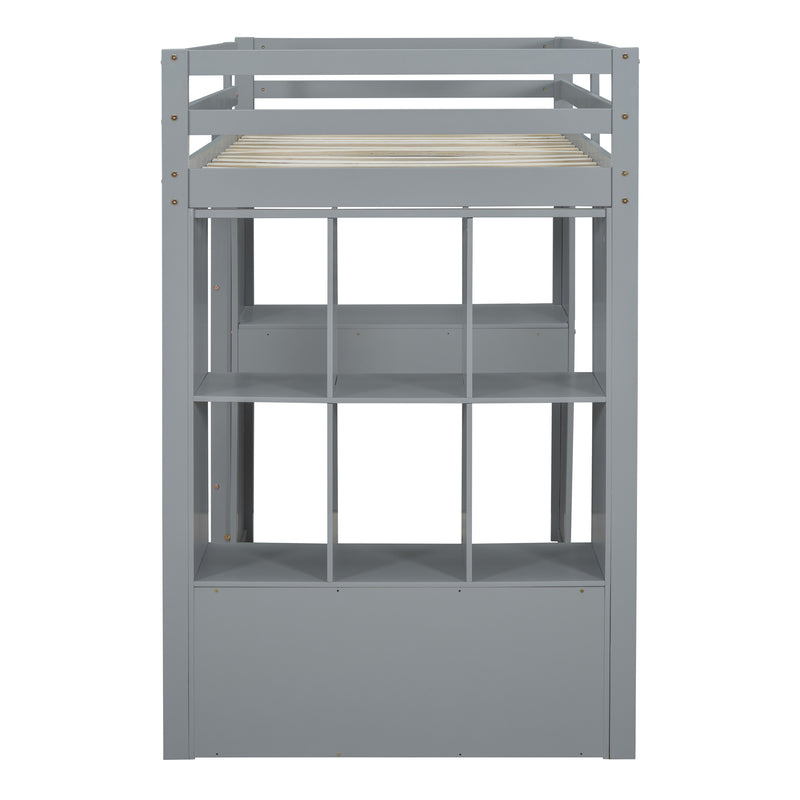 Twin Size Loft Bed with large shelves, writing desk and LED Light, Gray