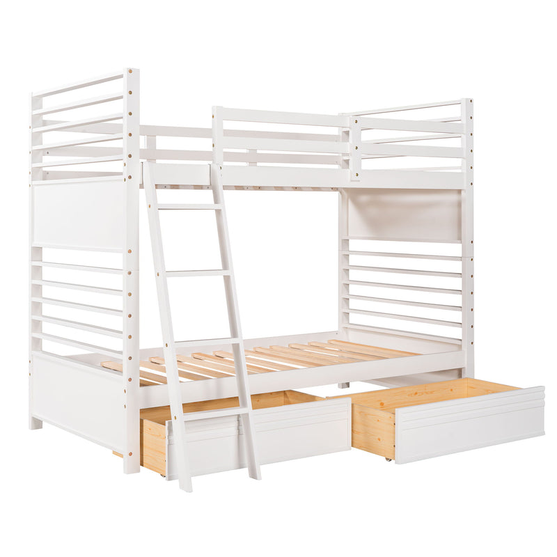 Twin Over Twin Wood Bunk Bed With Two Drawers - White