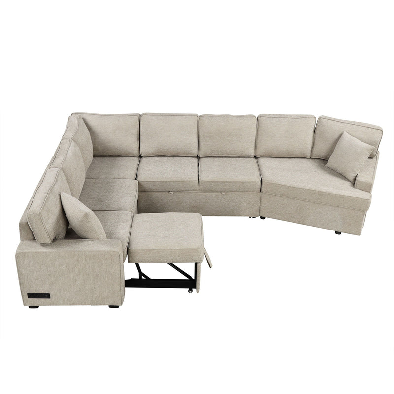 L-Shaped Sofa Sectional Sofa Couch Pull-Out Sofa Bed With Charging Devices And Cup Holders For Living Room