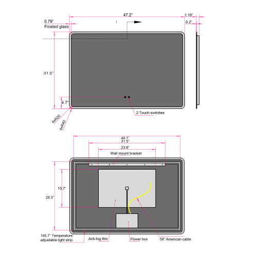 Modern Wall Mounted LED Backlit Anti-Fog Rounded Rectangular Bathroom Mirror With Us Standard Plug, Temperature Adjustable And Memory Function Touch Switch