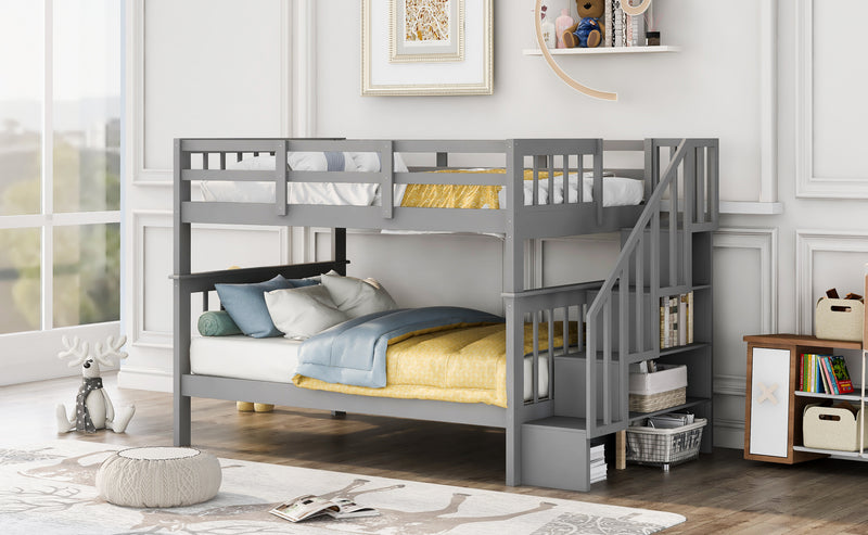 Stairway Full-Over-Full Bunk Bed with Storage and Guard Rail for Bedroom, Dorm, Gray(OLD SKU:LP000110AAE)