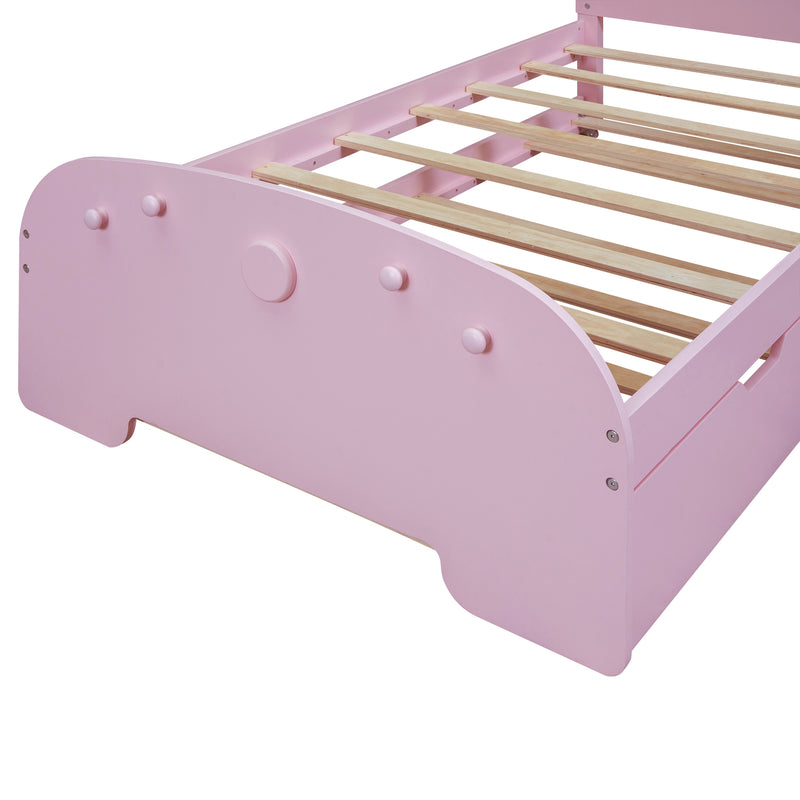 Wood Twin Size Platform Bed with Cartoon Ears Shaped Headboard and Trundle, Pink