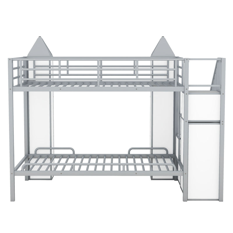 Metal Twin Over Twin Castle-Shaped Bunk Bed With Wardrobe And Multiple Storage - Gray / White