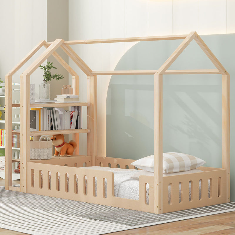 Twin Size Wood House Bed with Fence and Detachable Storage Shelves, Natural