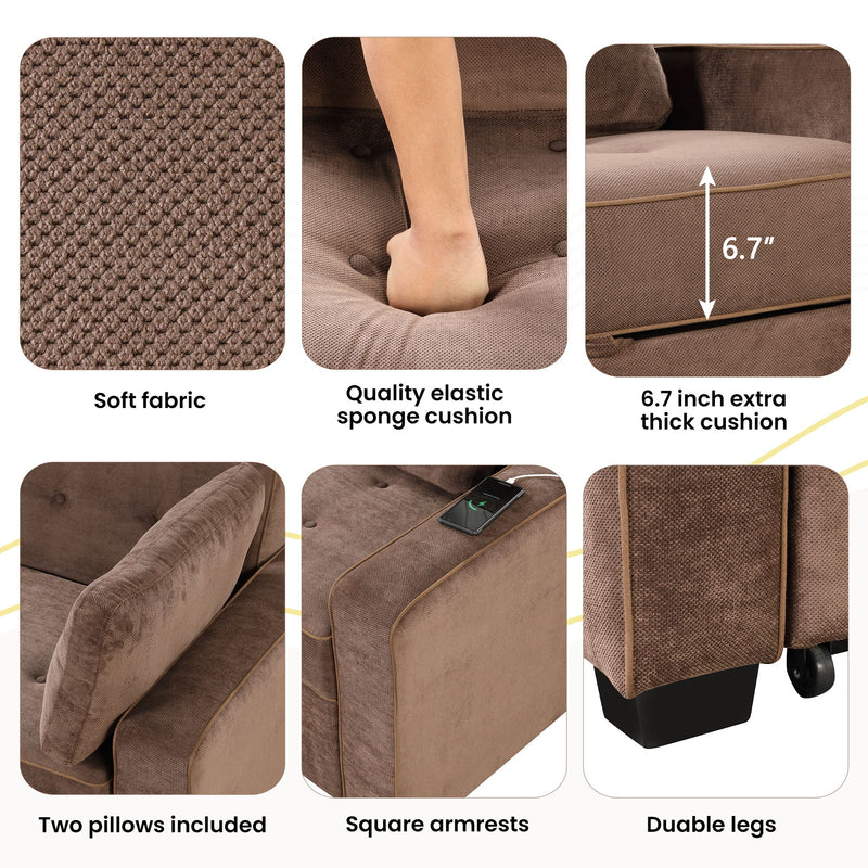 Upholstered Sleeper Bed, Pull Out Sofa Bed Couch Attached Two Throw Pillows, Dual USB Charging Port And Adjustable Backrest For Living Room Space - Brown