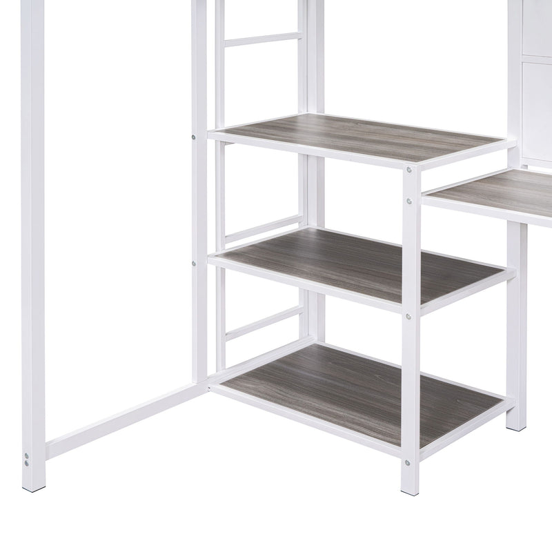 Twin Size Loft Bed With Desk And Whiteboard, Metal Loft Bed With 3 Shelves And Ladder - White