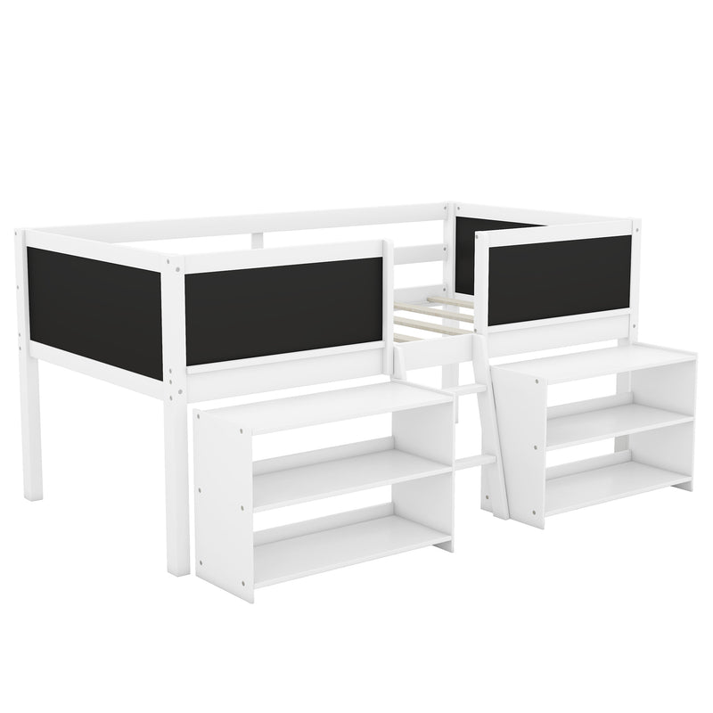 Twin Size Low Loft Bed with Two Movable Shelves and Ladder,with Decorative Guardrail Chalkboard,White(Old SKU: WF283286AAK)