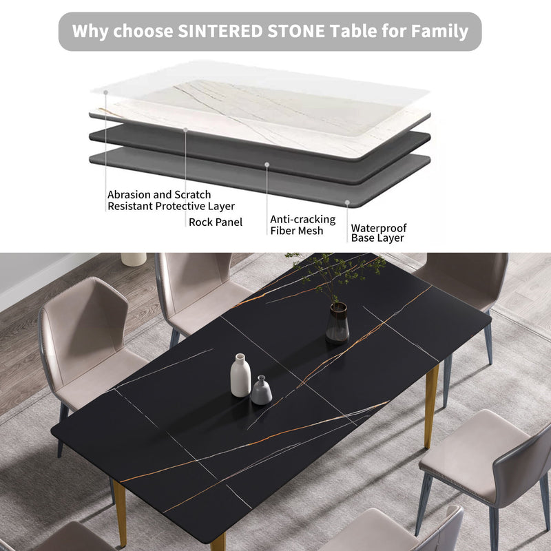 70.87" Modern Artificial Stone Straight Edge Golden Metal Leg Dining Table, Can Accommodate 6-8 People - Black