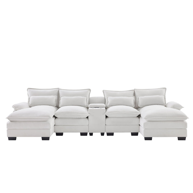 Modern U Shaped Sofa With Console, Cupholders And USB Ports, 6 Seat Upholstered Symmetrical Indoor Furniture, Sleeper Couch Set With Chaise For Living Room, Apartment, 2 Colors - White