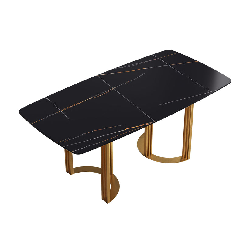 70.87" Modern Artificial Stone Black Curved Metal Leg Dining Table, Can Accommodate 6-8 People - Black / Gold