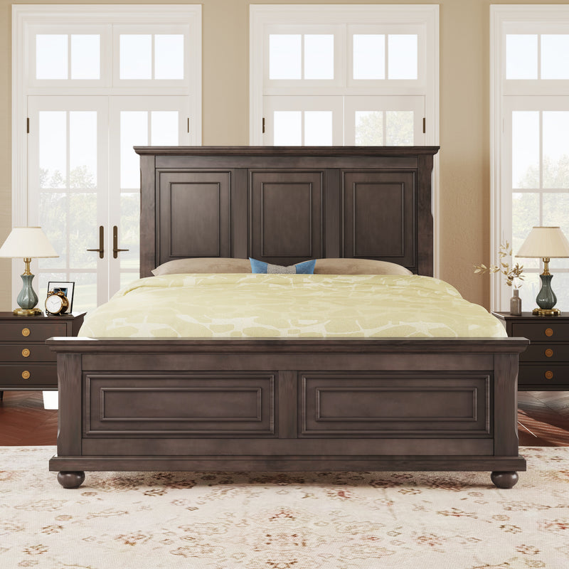 Traditional Town and Country Style Pinewood Vintage Queen Bed, Rich Brown