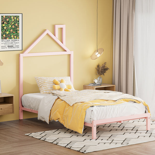 Twin Size Metal Platform Bed with House-Shaped Headboard Design, Pink