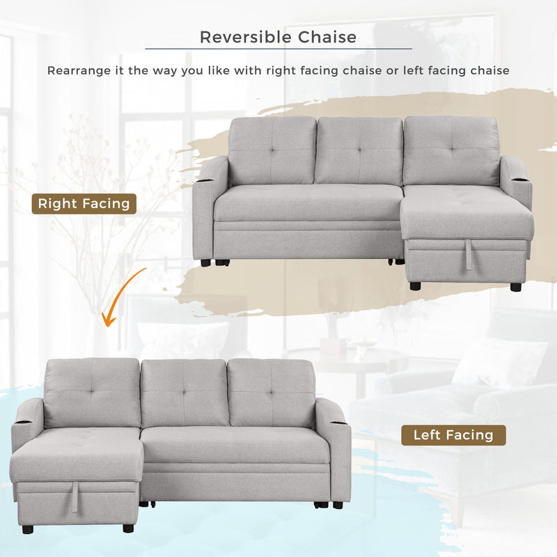 Pull Out Sofa Bed Modern Padded Upholstered Sofa Bed, Linen Fabric 3 Seater Couch With Storage Chaise And Cup Holder, Small Couch For Small Spaces