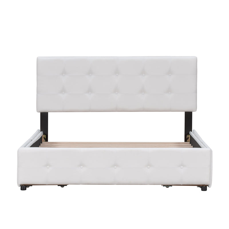 Upholstered Platform Bed with Classic Headboard and 4 Drawers, No Box Spring Needed, Linen Fabric, Queen Size White