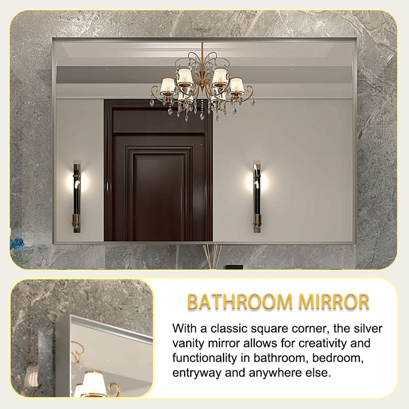 40X30" Silver Rectangular Wall-Mounted Beveled Bathroom Mirror, Square Angle Metal Frame Wall Mounted Bathroom Mirrors For Wall (Horizontal & Vertical) - Silver