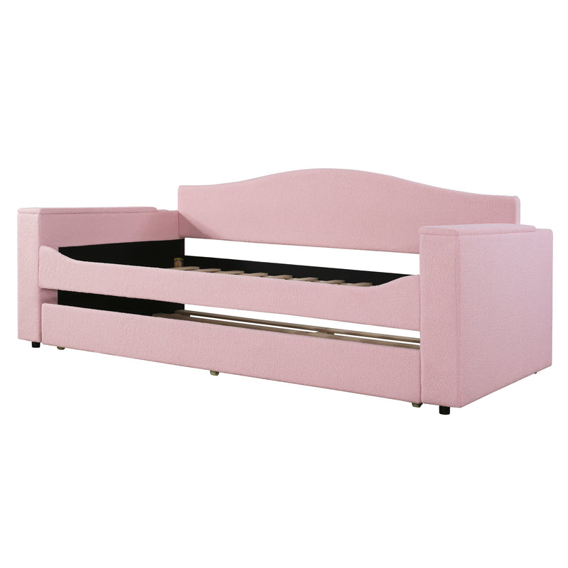 Twin Size Upholstered Daybed with Storage Armrests, Trundle and Latest Integrated Bluetooth Audio System, Teddy Fleece, Pink