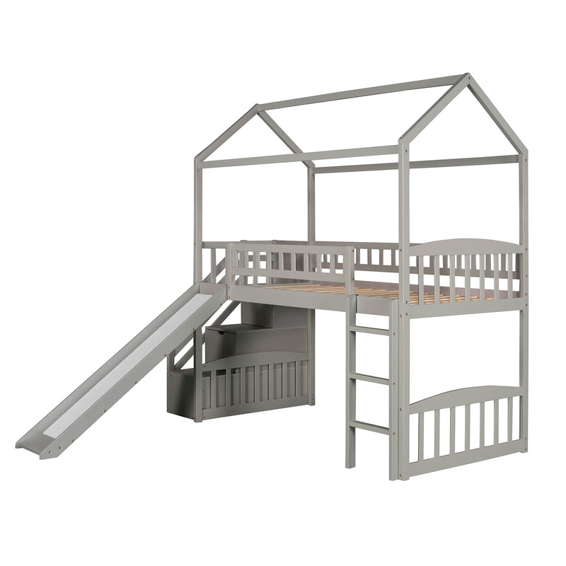 Twin Loft Bed with Two Drawers and Slide, House Bed with Slide, Gray (Old SKU: LP000130AAE)