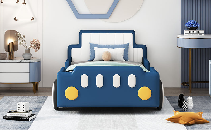 Twin Size Race Car-Shaped Platform Bed with Wheels,Blue