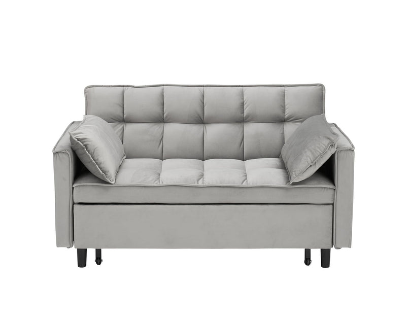 Modern Velvet Loveseat Futon Sofa Couch Pullout Bed, Small Love Seat Lounge Sofa With Reclining Backrest, Toss Pillows, Pockets, Furniture For Living Room, 3 In 1 Convertible Sleeper Sofa Bed - Gray